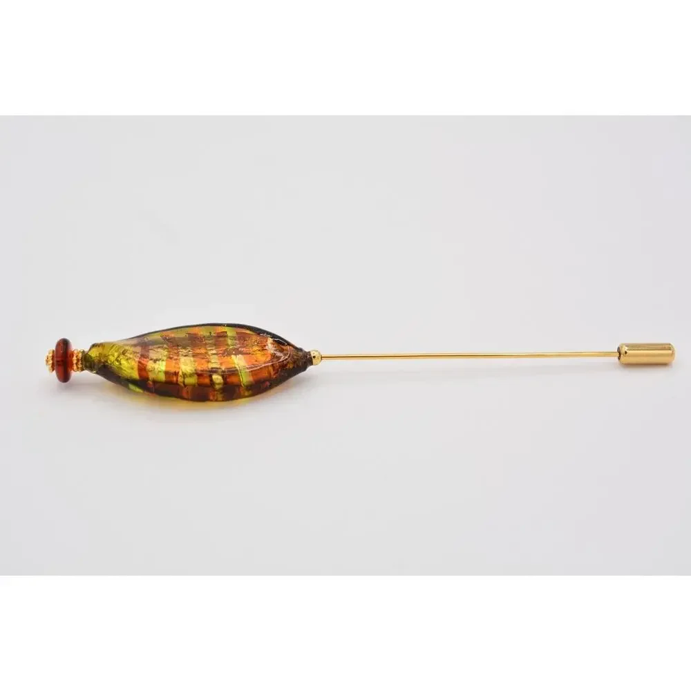 Vintage Murano Glass Stick Pin Gold Tone Artisan Blown Yellow Brown Amber BinAT